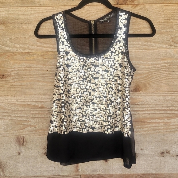 Living Doll Black Sheer Tank with Gold Sequins and Exposed Zipper Size Small - Picture 1 of 4